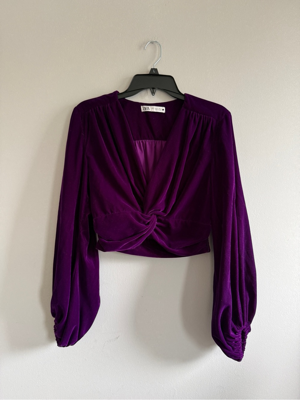 ZARA Deep Purple Velvet Twist-Front Long Sleeve Blouse Cropped Too Women Size S